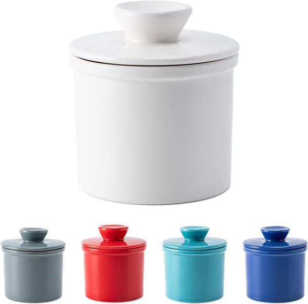 Butter Crock with Water Line - French Butter Dish with Lid, Ceramic Keeper for Fresh Spreadable Butter, White