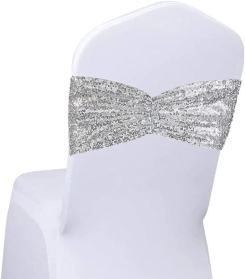 SquarePie Pack of 10 Sequin Chair Sashes, Silver Sparkling Decorative Bands for Wedding Banquet Party Decor