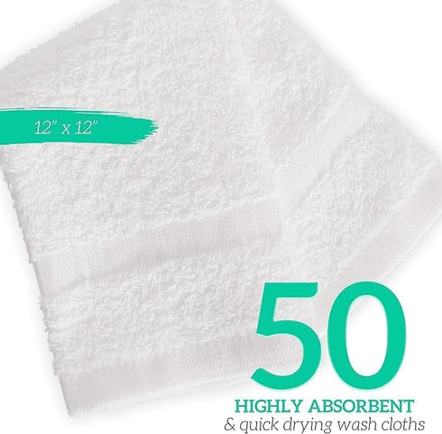 12" 12" 50 Pack 100% GREEN LIFESTYLE Washcloths x - Cotton Wash Cloths, Bulk Washcloths, Face Towels Cotton, Soft