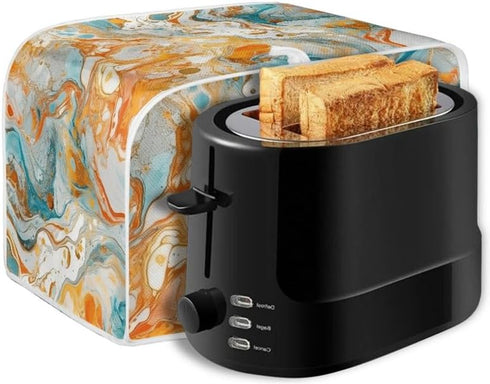 2 Slice Toaster Cover, Gold Cyan Marble Appliance Cover, Abstract Art Fluid Painting Universal Fit Wide Slot