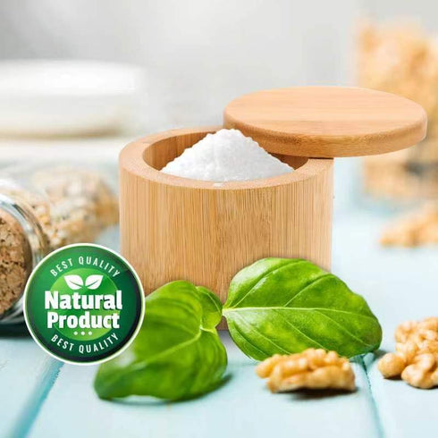 karmiero 360 Countertop 6OZ Salt Cellar, Bamboo Salt Container with Lid, Solid Salt Box Holder with Swivel Lid