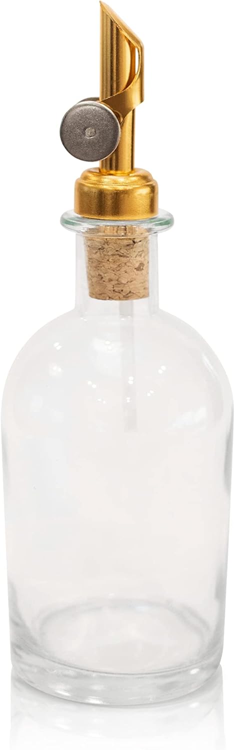 Rail19 Small Clear Glass Mouthwash Dispenser with Metal Pour Spout, 8oz, Perfect for Bathroom, Kitchen, and Tabletop