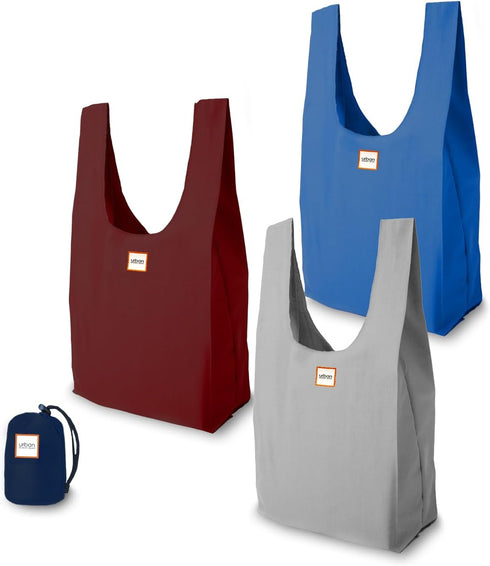 Ocean 3 Foldable Reusable Shopping Bags in 1 Compact Pouch, Durable Fabric, Holds 50+ lbs, Machine Washable