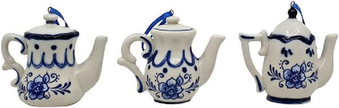 Kurt Adler Porcelain Delft Blue Teapot Ornament | Set of 3 for Christmas