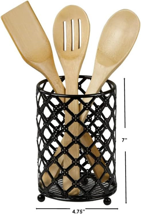 Home Basics Heavy Duty Steel Lattice Cutlery Holder, Utensil Organizer, Rust-resistant, Black, 5" x 5" x 7"