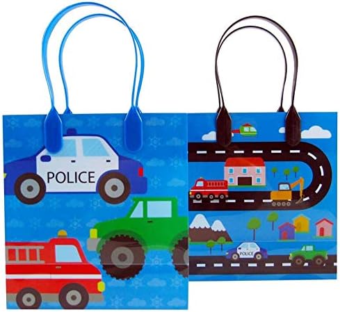 Tiny Mills Cars Fire Trucks Transportation Party Favor Bags, Pack of 12 Treat Bags with Handles for Toddler Birthday