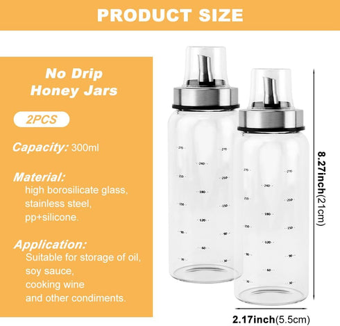 Loyanger 10 OZ Container(COLOR:2pcs) Honey Dispenser No Drip, Honey Jar Maple Syrup Dispenser, Glass Honey' Dispenser