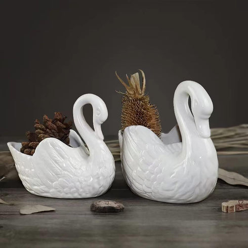 White Ceramic Swan Flowerpot, Medium Temperature Porcelain, Succulent Flowerpot, Pack of 2, Candle Holder