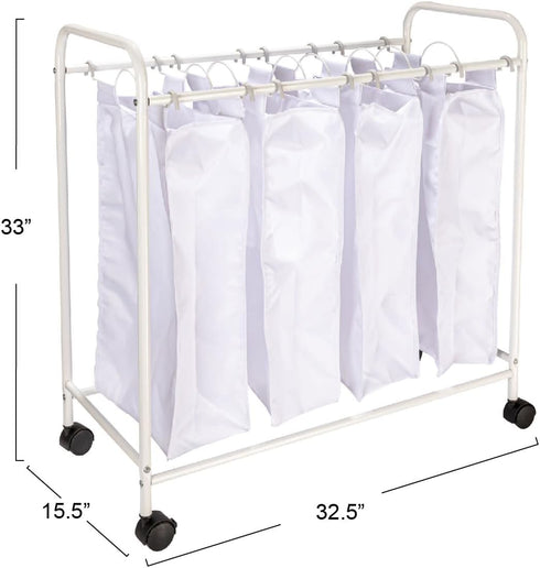 4 Household Essentials Rolling Laundry Sorter, Bag Laundry Sorter Cart with Washable and Removable Bags, White