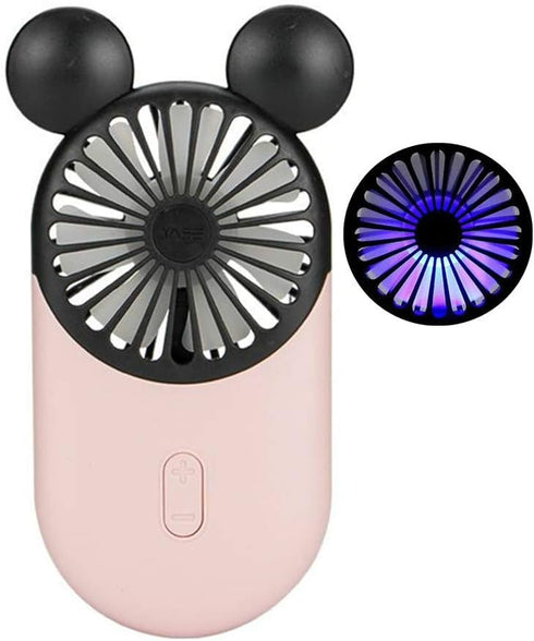 Cute Personal Mini Fan, Handheld USB Rechargeable Fan with LED Light, 3 Adjustable Speeds, Pink Mouse 1 Pack