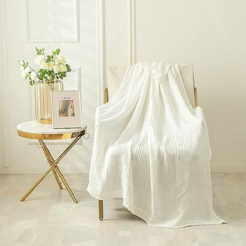 EMME (White,60"x80") Cotton Muslin Twin Blanket Breathable Gauze Soft Lightweight Adults Gifts for Women