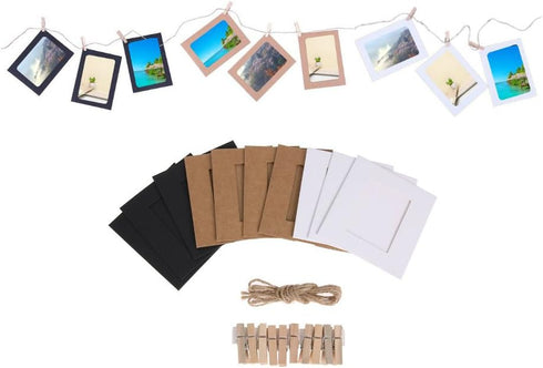 AKOAK 30Pcs DIY Kraft Paper Cardboard Photo Frame with Wooden Clips and String, 2" x 3"