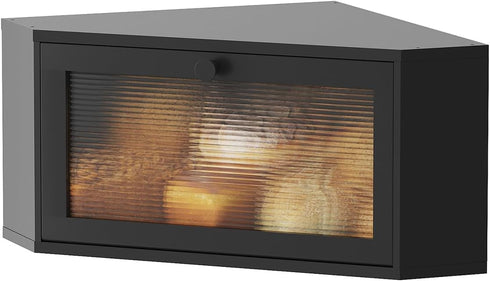kiplant Corner Bread Box for Kitchen Countertop - Bamboo Wood, Wavy Acrylic Door,