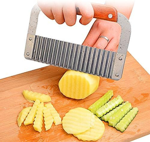 Super Leader Crinkle Cutting Tool for French Fry Slicing, Stainless Steel Blade, Wooden Handle, Vegetable Chopper (1)