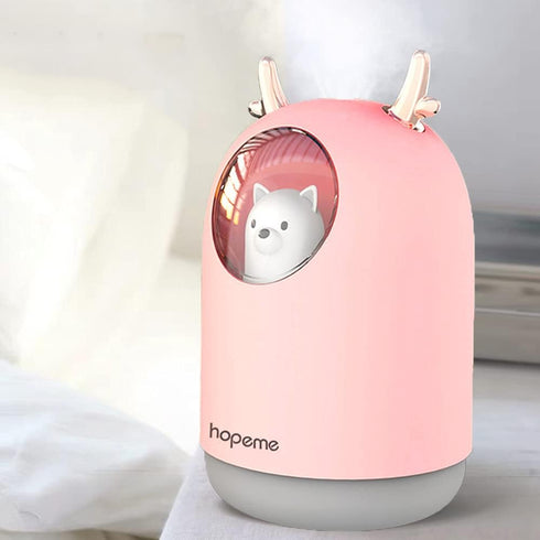 Cute Pet Humidifier with 300ml Water Tank, 10 Hours, 7 Color LED Lights, Auto Shut-off (Pink)