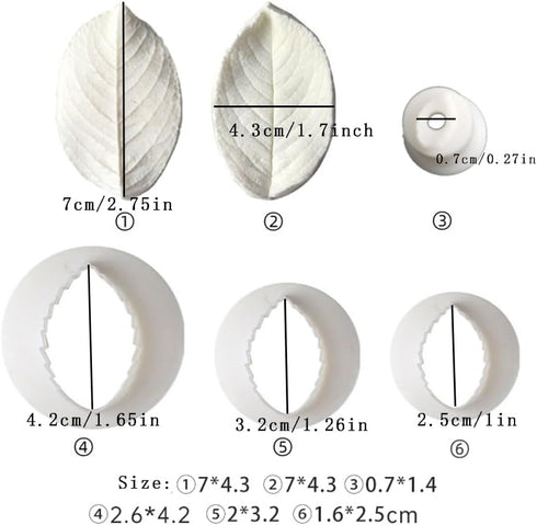 6Pcs Rose Leaves Cutter & Veiner Set, Fondant Silicone Mold for Chocolate Sugarcraft