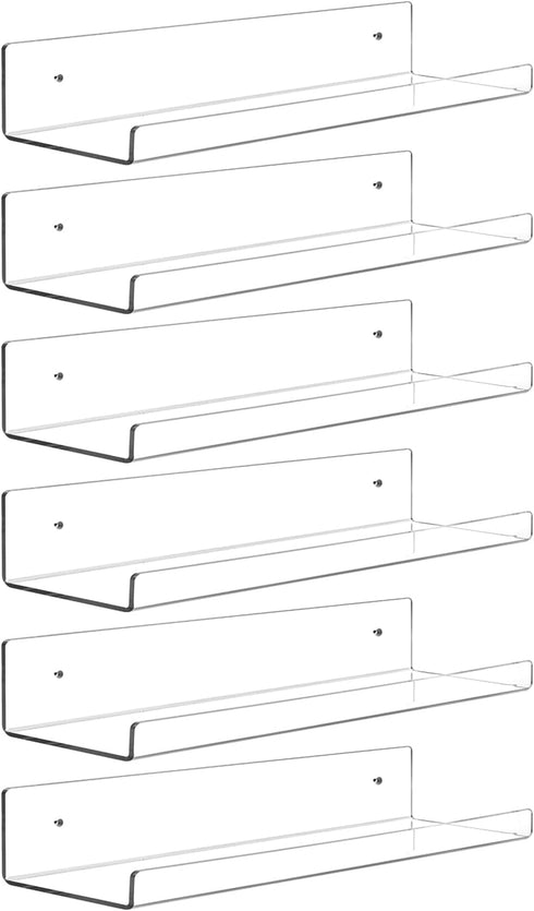 Dezzer 6 Pack Acrylic Shelves for Wall, 15" Clear Acrylic Floating Shelves