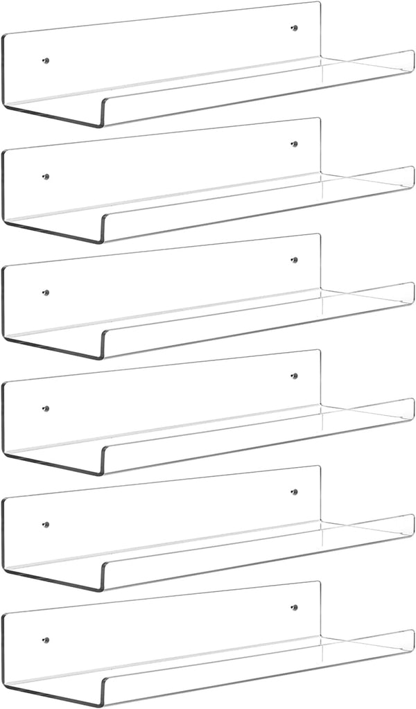 Dezzer 6 Pack Acrylic Shelves for Wall, 15" Clear Acrylic Floating Shelves