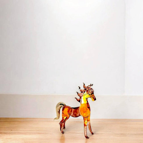 Tiny 2½" Long Brown Gold Standing Horse Figurine, Miniature Hand Blown Painted Glass