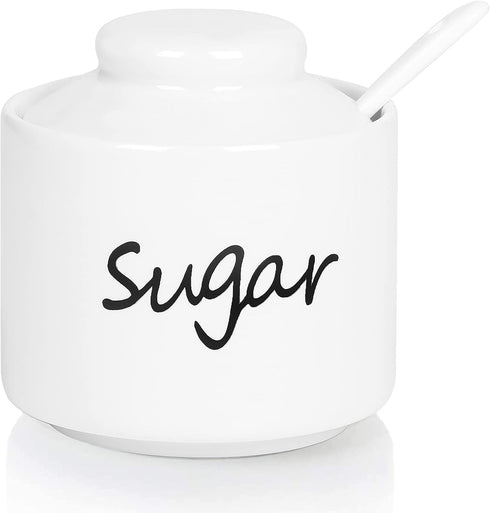 ONTUBE Ceramic Small Sugar Bowl with Lid and Spoon, Porcelain Sugar Pot, 8oz (White)