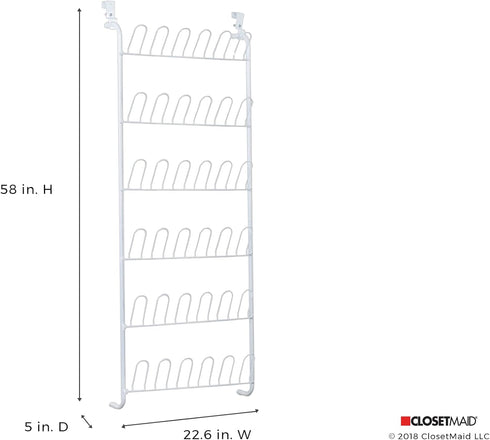 ClosetMaid 8040 18-Pair 5-Inch 58-Inch 22.63-Inch Over The Door Shoe Rack, D x H x W, White