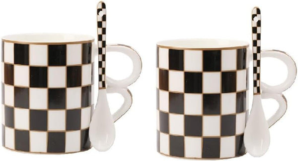 Porlien Checker Porcelain 18-ounce Mug Set of 2 with Teaspoon, Coffee Mugs and Tea Cups