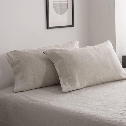 Simple&Opulence 100% French Linen Pillowcase, Queen Size Set of 2, Washed Solid Color Embroidered, Soft Durable