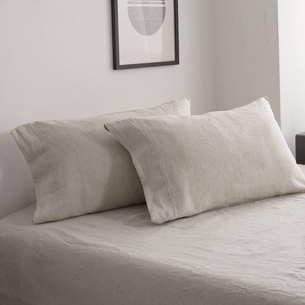 Simple&Opulence 100% French Linen Pillowcase, Queen Size Set of 2, Washed Solid Color Embroidered, Soft Durable