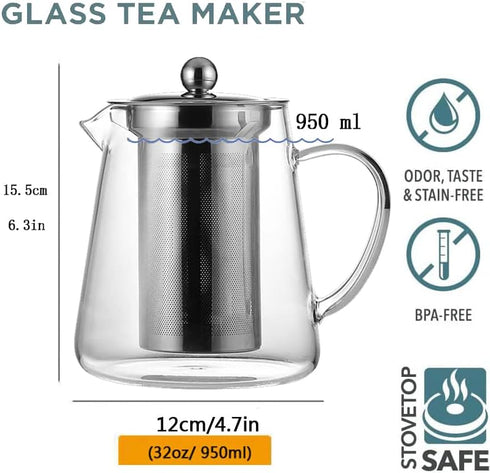 MJZQCD Glass Teapot (32oz/950ml) with Removable Stainless Steel Infuser, Transparent Stovetop Tea Kettle for Blooming