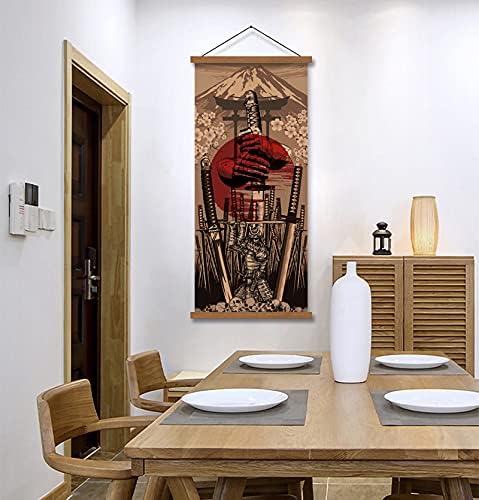 Japan Wall Art Samurai Sword Poster Print on Canvas, Skeleton Oriental Decoration, Wood Framed, 16”x35”