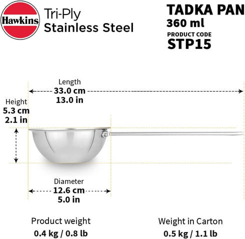 HAWKINS 1.5 Cup Tadka Pan, 360 ml Triply Stainless Steel Induction Pan, Silver (STP15)