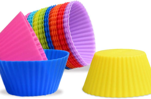 24 Pack Silicone Baking Cups - Reusable Muffin Liners, Non-Stick Cup Cake Molds Set in Standard Size, 8 Rainbow Colors