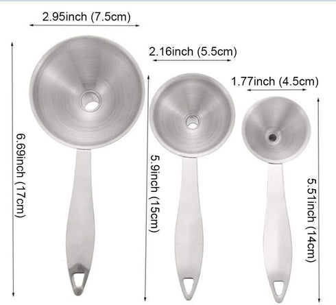 Stainless Steel Funnels, 3 in 1 Kitchen Funnels with Handy Handle for Transferring Liquid, Dry Ingredients & Powder