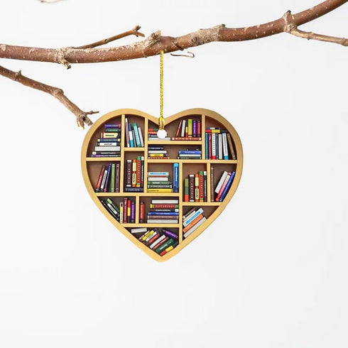 AyeBeau 2025, Book Lovers Ornaments Gifts, Bookshelf Heart Ornament Christmas for Tree Bookstore Book Lovers Heart