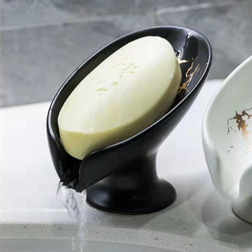 Ceramic Soap Dish, Leaf Shape, Self Draining, Black