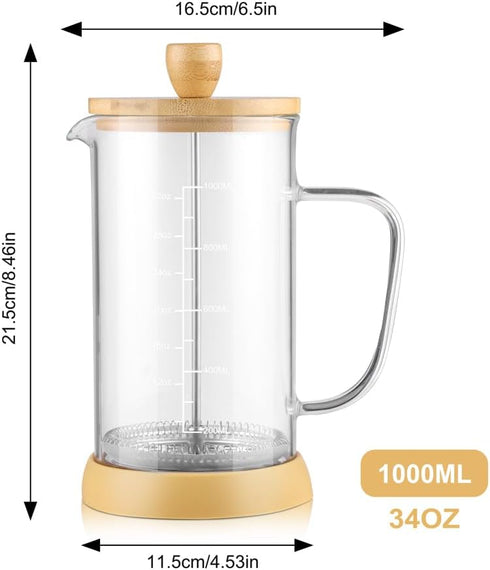 wedrink French Press Coffee Maker 34oz - Thicken Heat-Resistant Borosilicate Glass with Bamboo Lid (1000ml)