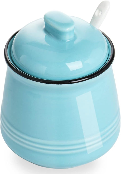 HAOTOP Porcelain Salt Bowl with Lid and Spoon, Ceramic Sugar Bowl 12oz in Turquoise