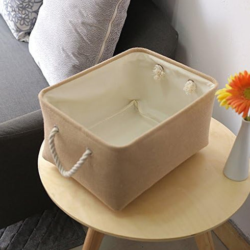 TheWarmHome Decorative Basket Rectangular Fabric Storage Bin with Handles for Clothes (Beige)