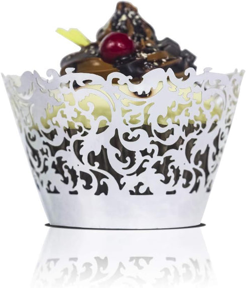 YOZATIA 60 Silver Vine Lace Cupcake Wrappers, Laser Cut Liners for Weddings and Special Events