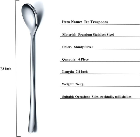 Long Handle Spoon, Coffee Stirrers, Premium Stainless Steel Coffee Spoons, Ice Tea Spoons, Ice Cream Spoon, Cocktail Stirring Spoons, Tea Spoons, Set of 6 (Silver)