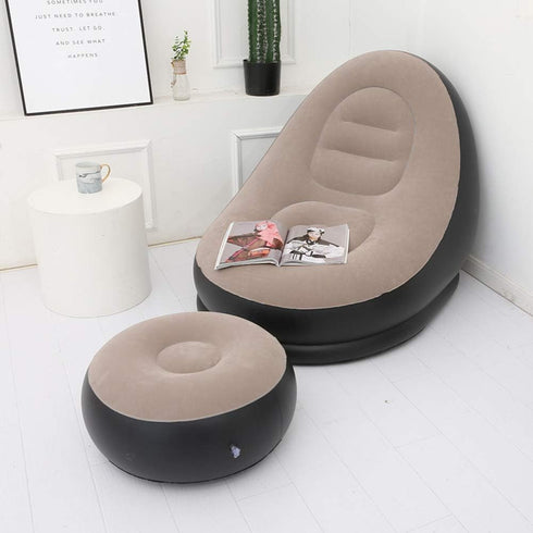 iayokocc Inflatable Lounge Chair for Adults, Folding Portable Lazy Sofa with Foot Stool Lazy Flocking Recliner Chair