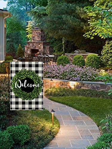 Welcome Boxwood Wreath Garden Flag, Double Sided Vertical, Buffalo Check Plaid Rustic Farmhouse Decoration