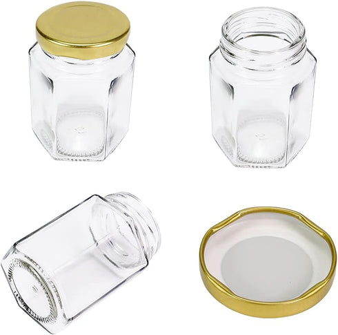 Rormket 12 Pack 4oz 12 Glass Hexagon Honey Jars Golden Lids - Extra Wooden Honey Dipper Sticks, Bee Charms, Tag String