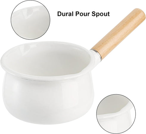 Jucoan 1 Quart Enamel Milk Pan - Small Saucepan with Dual Pour Spout and Wooden Handle for Home Cooking