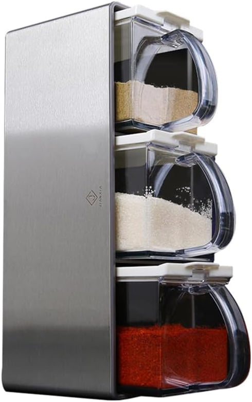 MARWENSED Salt Container With Lid And Spoon, Clear Seasoning Rack Spice Pots, 3