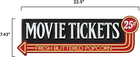 Movie Tickets 25 Cents Embossed Metal Sign - Large Vintage Wall Art with Arrow for Movie Room