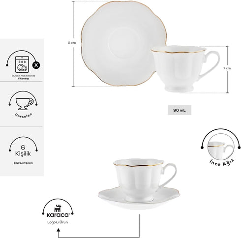 Set 6 12 Set (3 oz) KARACA an Turkish Coffee Cup for People - Piece Cups with Saucers - Small Porcelain Espresso