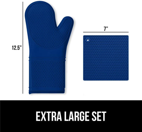 Gorilla Grip Heat and Slip Resistant 4 Piece Silicone Oven Mitt and Trivets Set, Blue