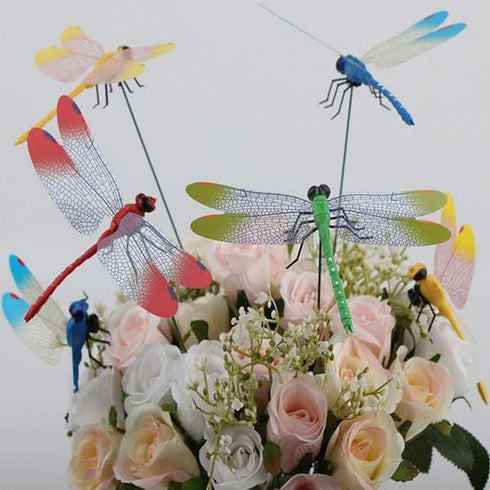 XIZHI 40 Pcs 3D Artificial Dragonfly Garden Ornaments, Miniature Fairy Garden Decoration, Yellow, Blue, Green, Red