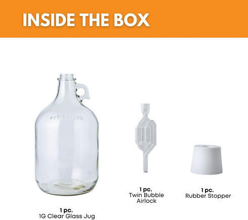 FastRack 1 Gallon Glass Jug with #6 Rubber Bungs & Twin Bubble Airlock – Clear Glass Fermenter Containers for Home
